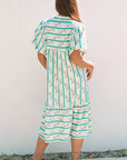 Billie Striped Floral Tie Split Neck Puff Sleeve Midi Dress