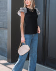 Leopard Contrast Ruffle Short Sleeve Ribbed Top