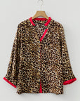 Leopard Contrast Ruffle Trim Buttoned V-Neck Shirt