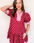 Floral V-Neck Short Bubble Sleeve Mini Dress