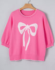 Bow Tie Contrast Stitch 3/4 Sleeve Sweater