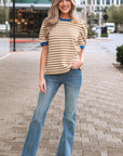 Stripe Contrast Trim Short Puff Sleeve Tee