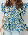 Flower Tiered Flutter Sleeve Pleated Blouse