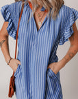 Stripe Frilly Neck Shirred Ruffle Sleeve Mini Dress