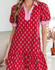 Floral V-Neck Short Bubble Sleeve Mini Dress