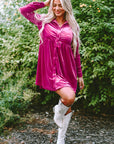 Velvet Ruffle Buttoned Long Sleeve Dress