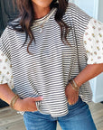 Floral Stripe Patchwork Puff Sleeve Round Neck Top