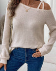 Textured Knit Asymmetric Shoulder Long Sleeve Top
