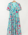 Abstract Short Puff Sleeve Tiered Maxi Dress