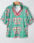 Boho Abstract Contrast Stripe Collared V-Neck Blouse