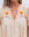 Floral Embroidered Pom Pom Ruffle Sleeve Dress