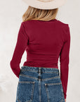 Lace Trim Ruched V-Neck Long Sleeve Top
