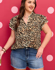 Plus Size Leopard Embroidered Ruffle Short Sleeve Blouse