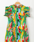 Abstract Frilled Neck Ruffle Sleeve Mini Dress