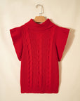 Cable Knit Turtleneck Ruffle Short Sleeve Sweater