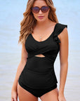Solid Ruffle Crossed Cutout Tankini Set