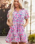Floral Collared Half-Placket Short Sleeve Mini Dress