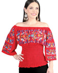Artisanal Embroidered Blouse 100% Cotton in Red