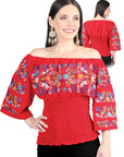 Artisanal Embroidered Blouse 100% Cotton in Red