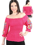 Artisanal Embroidered Blouse 100% Cotton in Fuchsia