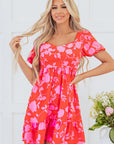 Floral Bubble Sleeve Sweetheart Neck Ruffle Mini Dress