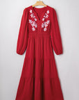 Floral Embroidered Long Sleeve Tiered Maxi Dress