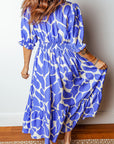 Abstract Smocked Waist Puff Sleeve Maxi Dress