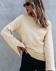 Solid Textured Knit Split Cuff Drop Shoulder Sweater