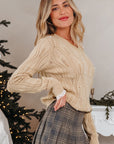 Pearl Beaded Pointelle Knit V-Neck Lace Trim Sweater