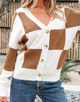 Checker Buttoned V-Neck Sweater Cardigan