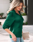 Solid Frilled Bow Tie V-Neck 3/4 Sleeve Blouse