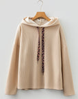 Ribbed Knit Leopard & Lace Drawstring Hoodie