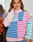 Plus Size Stripe Colorblock Half Zip Sweater