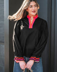 Stripe Trim Ruffle Split Neck Long Sleeve Blouse