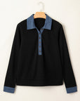 Denim Patchwork Textured Knit Polo Collar Top