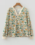 Floral Button Notch V-Neck Long Sleeve Top