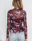 Floral Mesh Turtleneck Long Sleeve Ruched Top