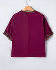 Leopard Contrast Trim V-Neck Short Sleeve Blouse