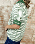 Stripe Collared V-Neck Bubble Sleeve Blouse