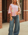 Flower Patch Exposed Seam 3/4 Sleeve T-Shirt