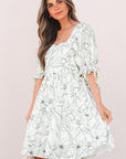 Floral Square Neck Shirred Back Mini Dress
