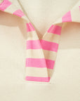 Pink Stripe Contrast Polo Collar Drop Shoulder Patchwork Plus Size Pullover