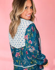 Floral Stripe Patchwork Long Puff Sleeve Blouse