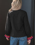 Stripe Trim Ruffle Split Neck Long Sleeve Blouse
