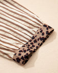 Stripe Leopard Trim 3/4 Sleeve Midi Shirt Dress