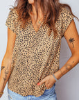 Cheetah Frilled V-Neck Short Sleeve Blouse