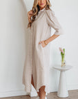 Stripe Frilled Collar 3/4 Sleeve Maxi Dress