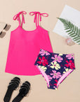 Solid Tie Strap Top & Floral Bottom Tankini Set
