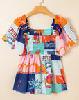 Tropical Square Neck Flutter Sleeve Babydoll Blouse