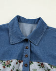 Floral Retro Denim Patchwork Buttoned Collar Top